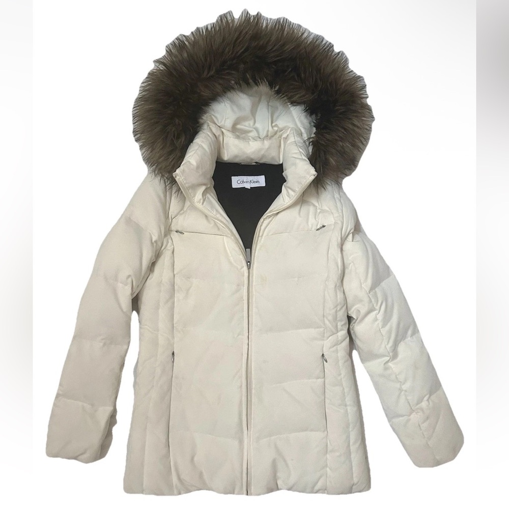 Calvin Klein Zip Up Down Filled Puffer Jacket Cream White Detachable Hood Sz XS